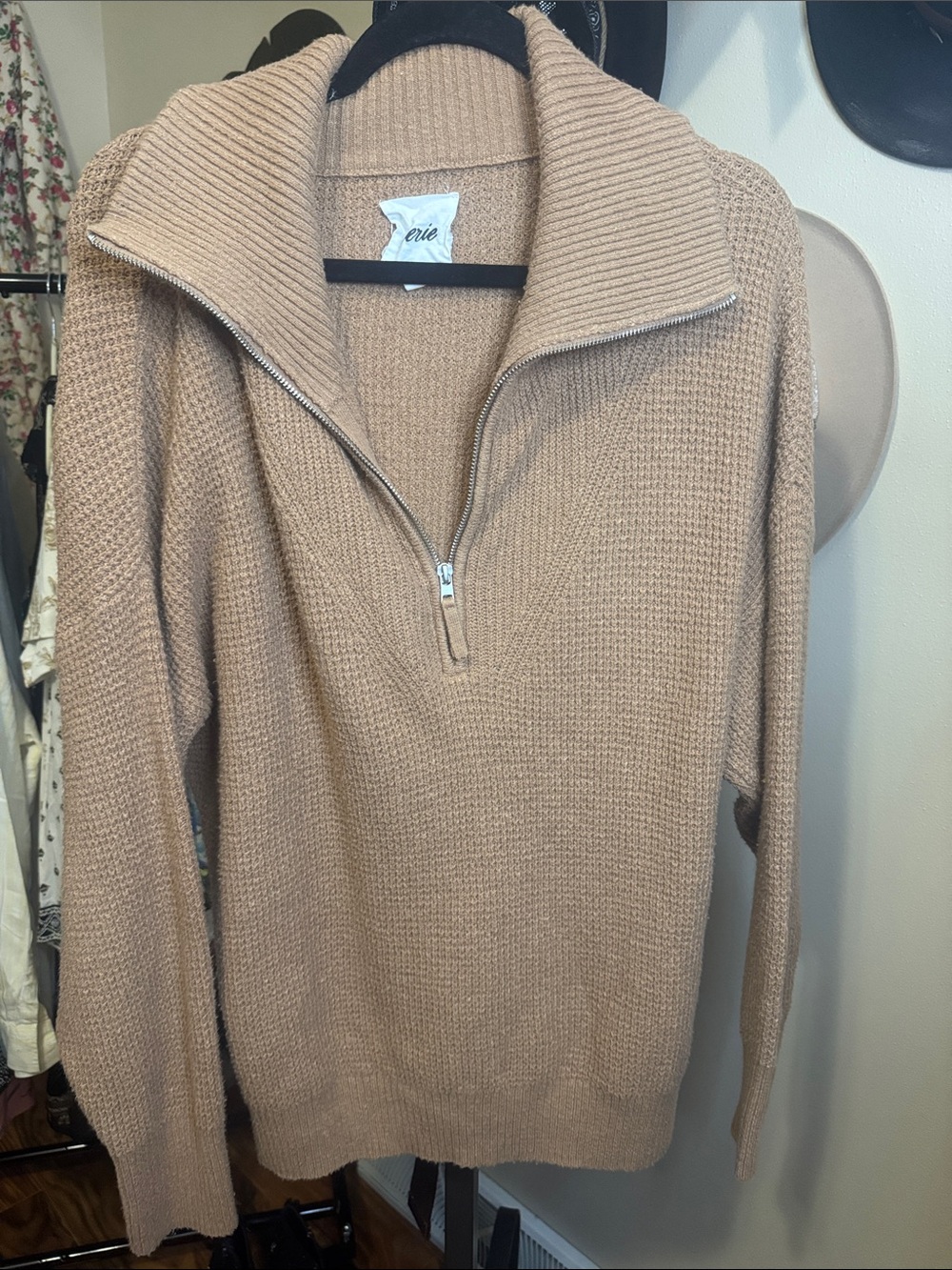 aerie Waffle-Knit Half-Zip Pullover in Camel